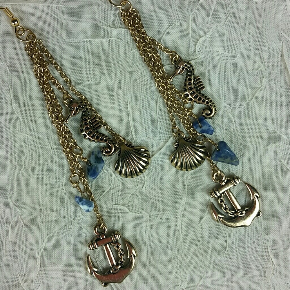 Pierced Earrings dangle Sea horse shell anchor blue lapis chip gold NEW